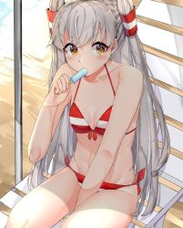Rule 34 | 10s, 1girl, alternate costume, amatsukaze (kancolle), arm support, bad id, bad pixiv id, beach, between legs, bikini, blush, bow, bow bikini, breasts, eyebrows, food, food in mouth, hair tubes, halterneck, hand between legs, highres, holding, holding food, ice cream, kantai collection, long hair, looking at viewer, looking away, looking to the side, mouth hold, navel, outdoors, pole, popsicle, red bikini, shade, side-tie bikini bottom, silver hair, sitting, small breasts, solo, stomach, striped bikini, striped clothes, suzuharu toufu, swimsuit, two side up, very long hair, yellow eyes
