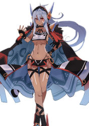 Rule 34 | 1girl, absurdres, azur lane, black cape, black gloves, blush, bodypaint, breast curtain, breasts, cape, closed mouth, commentary request, dark-skinned female, dark skin, facepaint, facial mark, feet out of frame, fingerless gloves, gloves, hair between eyes, headgear, highres, kakaricho dairi, loincloth, long hair, looking at viewer, medium breasts, minneapolis (azur lane), navel, ponytail, red cape, red eyes, revealing clothes, simple background, smile, solo, two-tone cape, underboob, white background, white hair