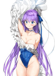 Rule 34 | 1girl, absurdres, arm behind back, arms up, bare shoulders, black choker, blue eyes, blue one-piece swimsuit, blue ribbon, blush, breasts, choker, cleavage, closed mouth, collarbone, commentary request, cowboy shot, fate/grand order, fate (series), frilled swimsuit, frills, hair ribbon, highres, long hair, long sleeves, medium breasts, meltryllis, meltryllis (fate), meltryllis (swimsuit lancer) (fate), meltryllis (swimsuit lancer) (second ascension) (fate), one-piece swimsuit, pixel (yuxian), purple hair, ribbon, shiny clothes, simple background, sleeves past fingers, sleeves past wrists, solo, standing, swimsuit, thigh gap, tongue, tongue out, very long hair, white background, wide sleeves