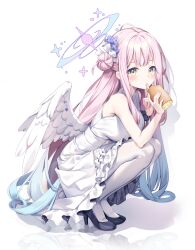 Rule 34 | 1girl, bare shoulders, black footwear, blue archive, commentary request, dress, feathered wings, food, full body, hair bun, hair ornament, hair scrunchie, halo, high heels, highres, holding, holding food, kinokomushi, long hair, looking at viewer, mika (blue archive), multicolored hair, pantyhose, pink hair, scrunchie, sidelocks, simple background, single hair bun, sleeveless, sleeveless dress, solo, squatting, tongue, tongue out, white background, white dress, white pantyhose, white wings, wings, wrist scrunchie, yellow eyes