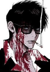 Rule 34 | 1boy, bandage on face, bandages, black hair, black jacket, blood, blood on clothes, blood on face, cigarette, collarbone, collared shirt, green eyes, highres, jacket, male focus, mouth hold, my nameisyoon, nicholas d. wolfwood, parted lips, portrait, shirt, short hair, simple background, smoke, smoking, solo, sunglasses, trigun, white background, white shirt