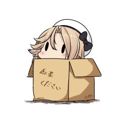Rule 34 | 1girl, black bow, blonde hair, bow, box, cardboard box, dated, hat, hatsuzuki 527, in box, in container, janus (kancolle), kantai collection, sailor hat, short hair, simple background, solid oval eyes, solo, translation request, twitter username, white background, white hat