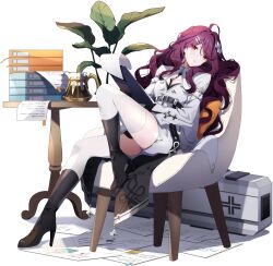 Rule 34 | 1girl, bag, black footwear, book, book stack, boots, chair, cleavage cutout, clipboard, clothing cutout, coffee, coffee pot, d-pad, d-pad hair ornament, dress, eversoul, game cg, hair ornament, hairclip, high heels, highres, joanne (eversoul), long hair, long sleeves, looking to the side, non-web source, official alternate costume, official art, paper, parted lips, plant, potted plant, purple hair, reclining, red eyes, sitting, solo, table, tachi-e, thighhighs, transparent background, turtleneck, white dress, white thighhighs