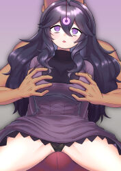 Rule 34 | 1boy, 1girl, @ @, absurdres, bare legs, black panties, breasts, breasts squeezed together, bulge, crazy eyes, creatures (company), erection, erection under clothes, faceless, faceless male, game freak, grabbing, grabbing another&#039;s breast, grabbing from behind, hetero, hex maniac (pokemon), highres, hypnosis, large breasts, legs apart, long hair, looking up, medium breasts, messy hair, mi tai lang, mind control, nintendo, panties, pendulum, pokemon, pokemon xy, purple eyes, purple hair, sitting, sitting on person, underwear, very long hair, you gonna get raped
