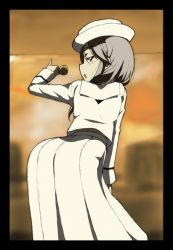 Rule 34 | 1girl, black border, blouse, blurry, blurry background, border, commentary, dixie cup hat, flint (girls und panzer), from behind, girls und panzer, half-closed eyes, hat, holding, holding microphone, kayabakoro, leaning forward, long hair, long skirt, long sleeves, looking at viewer, looking back, microphone, military hat, music, one-hour drawing challenge, ooarai naval school uniform, open mouth, pinky out, pleated skirt, sailor, sailor collar, school uniform, shirt, side slit, silver hair, singing, skirt, solo, standing, white hat, white shirt, white skirt