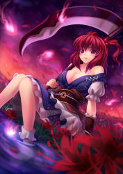 Rule 34 | 1girl, bare shoulders, bobby socks, breasts, cleavage, coin, female focus, flower, hair bobbles, hair ornament, hitodama, kaizeru, large breasts, lips, off shoulder, onozuka komachi, red eyes, red hair, scythe, sitting, smile, soaking feet, socks, solo, spider lily, touhou, twintails, two side up, water
