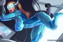 Rule 34 | 1girl, blonde hair, blue eyes, bodysuit, mind control, breast expansion, breasts, covered erect nipples, djcomps, dutch angle, english text, impossible bodysuit, impossible clothes, kneeling, large breasts, long hair, metroid, muscular, muscular female, nintendo, open mouth, patreon username, ponytail, puffy nipples, samus aran, sex machine, skin tight, solo, tongue, tongue out, zero suit