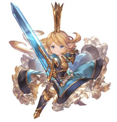 Rule 34 | &gt;:), 1girl, armor, armored boots, armored dress, blonde hair, blue dress, blue eyes, boots, charlotta (granblue fantasy), crown, dress, fighting stance, frills, full body, gauntlets, granblue fantasy, granblue fantasy versus, harvin, long hair, minaba hideo, official art, pointy ears, simple background, smile, solo, sword, tall crown, transparent background, weapon, white background