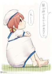Rule 34 | 1girl, barefoot, blue sailor collar, crossed arms, dress, from side, hair ribbon, hair rings, hat, hugging own legs, kaiboukan no. 4 (kancolle), kantai collection, one-hour drawing challenge, open mouth, profile, red eyes, red hair, ribbon, sailor collar, sailor dress, sailor hat, shadow, short sleeves, simple background, sitting, solo, translation request, twitter username, white dress, yamashichi (mtseven)