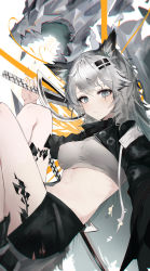 Rule 34 | 1girl, absurdres, animal ears, ankle boots, arknights, black footwear, black jacket, black shorts, blush, boots, breasts, closed mouth, covered erect nipples, crop top, feet out of frame, grey eyes, grey hair, grey shirt, highres, holding, holding sword, holding weapon, jacket, knees up, lappland (arknights), long hair, long sleeves, looking at viewer, material growth, medium breasts, monster, open clothes, open jacket, oripathy lesion (arknights), scar, scar across eye, scar on face, shirt, short shorts, shorts, solo, stomach, sword, tail, torn clothes, torn shirt, very long hair, weapon, wolf ears, wolf girl, wolf tail, yonchan