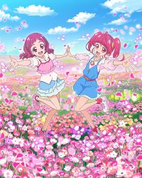 Rule 34 | 2girls, ahoge, blue skirt, field, flower, flower field, hair ornament, hairclip, highres, hoshina hikaru, hugtto! precure, jewelry, long hair, multiple girls, necklace, nono hana, official art, petals, pink eyes, pink flower, pink hair, precure, precure connection puzzlun, shoes, short bangs, short sleeves, skirt, sneakers, star twinkle precure, third-party source, twintails