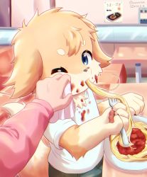 Rule 34 | 1boy, 1girl, animal ears, blue eyes, child, dog ears, dog girl, dog tail, eating, fewer digits, food, food on clothes, food on face, fork, furry, furry female, furry male, highres, holding, holding fork, indoors, looking at viewer, messy, noodles, one eye closed, original, pasta, pawpads, piporinton, plate, restaurant, shirt, solo focus, spaghetti, tail, white shirt, wiping face, yellow fur