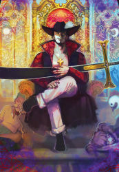 Rule 34 | 1girl, 2boys, adam&#039;s apple, beard, black hair, closed eyes, closed mouth, coat, collared coat, colorful, cross, cross necklace, crossed legs, dracule mihawk, expressionless, facial hair, fingernails, ghost, greatsword, green hair, half-closed eyes, hand rest, hand up, hat, high collar, highres, holding, holding sword, holding weapon, jewelry, lips, long sleeves, looking at viewer, lying, male focus, medium hair, mewiyev, multiple boys, necklace, nose bubble, on side, one piece, open mouth, pants, pendant, perona, purple hair, roronoa zoro, shirt, short hair, sideburns, sitting, sleeping, sleeping upright, solo focus, sword, two side up, weapon, yellow eyes, yoru (one piece), yoru (sword)