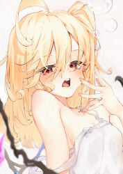 Rule 34 | 1girl, :o, absurdres, ahoge, bare shoulders, blonde hair, blush, breasts, calpis118, collarbone, commentary, crystal wings, flandre scarlet, highres, looking at viewer, one side up, red eyes, simple background, small breasts, solo, strap slip, touhou, upper body, white background, yawning