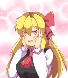 Rule 34 | absurdres, aged up, ascot, black vest, blonde hair, blush, breasts, commission, hair between eyes, hand on own cheek, hand on own face, highres, long hair, long sleeves, medium breasts, neferkitty, ofuda, pink background, red ascot, red eyes, ribbon, rumia, shirt, slit pupils, touhou, vest, white shirt