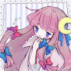 Rule 34 | 1girl, blue bow, blue eyes, blue ribbon, blush, bow, cape, center frills, crescent, crescent hair ornament, frilled cape, frilled shirt, frills, hair bow, hair ornament, hair ribbon, hand to own mouth, long hair, m (m073111), neck ribbon, no headwear, open mouth, patchouli knowledge, pink shirt, purple cape, purple hair, red bow, red ribbon, ribbon, shirt, signature, solo, star (symbol), striped clothes, striped shirt, touhou, two-tone shirt, upper body, vertical-striped clothes, vertical-striped shirt, white shirt