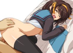Rule 34 | 1boy, 1girl, absurdres, blush, bottomless, breasts, brown hair, censored, doggystyle, closed eyes, haruhisky, highres, medium breasts, no bra, on bed, open mouth, penis, pussy juice, school uniform, sex, sex from behind, suzumiya haruhi, suzumiya haruhi no yuuutsu, tagme, thighhighs, tongue, top-down bottom-up
