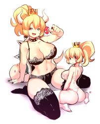 Rule 34 | 2girls, arm support, black bra, black legwear, black nails, black panties, blonde hair, blue eyes, blush, borrowed design, bowsette, bra, breasts, choker, crown, horns, kenron toqueen, lace, lace-trimmed bra, lace-trimmed legwear, lace-trimmed panties, lace trim, large breasts, lingerie, looking at viewer, mario (series), mini crown, multiple girls, mushroom, nail polish, navel, new super mario bros. u deluxe, nintendo, panties, princess peach, simple background, sitting, size difference, smile, spiked choker, spiked shell, spiked tail, spikes, stomach, super crown, tail, thighhighs, towering, underwear, white bra, white legwear, white panties