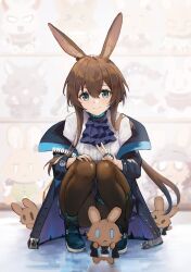 Rule 34 | 1girl, amiya (arknights), animal ears, animalization, anklet, arknights, ascot, black jacket, black pantyhose, blue ascot, blue eyes, blue footwear, blue jacket, blue skirt, brown hair, closed mouth, collared shirt, ema (kuguiema), full body, hair between eyes, highres, jacket, jewelry, knees together feet apart, long hair, long sleeves, looking at viewer, miniskirt, multiple rings, open clothes, open jacket, pantyhose, pleated skirt, rabbit ears, rabbit girl, ring, shirt, shoes, sidelocks, skirt, smile, solo, squatting, thighlet, two-sided fabric, two-sided jacket, v, white shirt