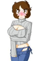 Rule 34 | 1girl, annoyed, aoimaru, bikini jeans, blush, breast hold, breasts, brown eyes, brown hair, cleavage, cleavage cutout, clothing cutout, denim, highres, jeans, large breasts, looking at viewer, lowleg, lowleg pants, meme attire, midriff, navel, open-chest sweater, original, pants, ribbed sweater, short hair, solo, sweater, textless version, turtleneck, white background