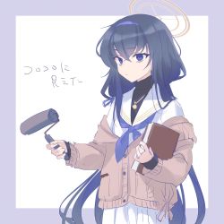 Rule 34 | 1girl, black hair, black undershirt, blue archive, blue neckerchief, book, border, brown cardigan, cardigan, closed mouth, crossed bangs, expressionless, hairband, halo, highres, holding, holding book, kyuuri (miyako), long hair, long sleeves, neckerchief, off shoulder, paint roller, purple background, purple eyes, purple hairband, sailor collar, school uniform, serafuku, simple background, skirt, solo, two-tone background, ui (blue archive), upper body, very long hair, white background, white sailor collar, white serafuku, white skirt