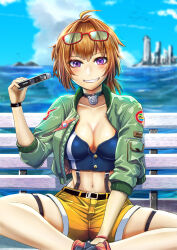 Rule 34 | 1girl, ahoge, belt, blue sky, blurry, blush, breasts, brown hair, cleavage, cloud, collarbone, commentary request, day, depth of field, eyewear on head, girls&#039; frontline, green jacket, grin, grizzly mkv (girls&#039; frontline), hair between eyes, highres, holding, ichi illust001, jacket, large breasts, looking at another, looking at viewer, midriff, navel, open clothes, open jacket, outdoors, purple eyes, short hair, short shorts, shorts, sky, smile, solo, stomach, sunglasses, thigh strap, thighs, zipper