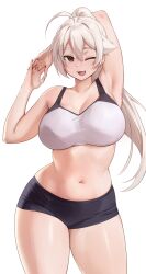 Rule 34 | 1girl, ahoge, arm behind head, arm up, armpits, bare shoulders, black shorts, blush, breasts, brown eyes, cleavage, highres, iwbitu, large breasts, long hair, navel, nyopu, one eye closed, open mouth, original, ponytail, short shorts, shorts, sidelocks, smile, solo, sports bra, stretching, thick thighs, thighs, white hair, white sports bra
