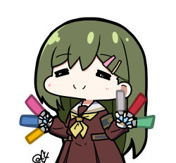 Rule 34 | 1girl, = =, absurdres, brown dress, chibi, chibi only, closed mouth, dress, facing viewer, glowstick, green hair, hair ornament, hairclip, hasu no sora school uniform, highres, holding, holding glowstick, link! like! love live!, long hair, long sleeves, love live!, neckerchief, oofushi ao, oogami sachi, penlight (glowstick), pleated dress, sailor collar, sailor dress, school uniform, simple background, smile, solo, white background, white sailor collar, winter uniform, yellow neckerchief