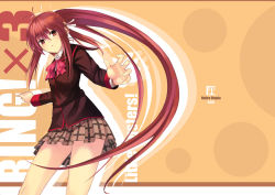 Rule 34 | 1girl, beige background, bow, bowtie, brown skirt, contrapposto, cowboy shot, kitagawa unagi, little busters!, long hair, long sleeves, looking at viewer, natsume rin, pink bow, plaid, plaid skirt, pleated skirt, ponytail, red bow, red bowtie, red eyes, red hair, simple background, skirt, solo, standing, text focus, very long hair