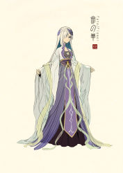 Rule 34 | 1girl, beige background, breasts, brynhildr (fate), chinese clothes, closed mouth, diagonal bangs, fate (series), frown, full body, grey eyes, hair ornament, hair over one eye, hanfu, highres, long sleeves, looking at viewer, medium breasts, one eye covered, outstretched arms, robe, sash, see-through, shawl, sidelocks, silver hair, simple background, solo, standing, wide sleeves, zerocastle