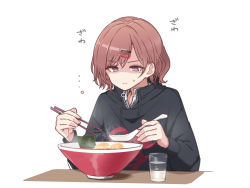 Rule 34 | 1girl, ai drawing anime characters eating ramen (meme), azu ankoowl, black shirt, bowl, brown hair, chopsticks, closed mouth, commentary, food, glass, hair ornament, hairclip, highres, higuchi madoka, holding, holding chopsticks, holding spoon, idolmaster, idolmaster shiny colors, long sleeves, meme, mole, mole under eye, noodles, nori (seaweed), purple eyes, ramen, shaded face, shirt, short hair, simple background, solo, spoon, steam, sweatdrop, symbol-only commentary, table, upper body, v-shaped eyebrows, water, white background