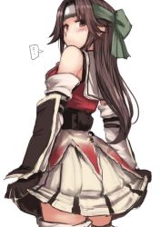 Rule 34 | ..., 2girls, ass, black gloves, blush, breasts, brown hair, cowboy shot, dress, elbow gloves, fairy (kancolle), frilled skirt, frills, from behind, giant, giantess, gloves, headband, jintsuu (kancolle), kantai collection, long hair, looking back, medium breasts, mini person, minigirl, multiple girls, on ass, orange dress, remodel (kantai collection), sailor collar, sendai (kancolle), simple background, skirt, solo focus, spoken ellipsis, standing, thighhighs, thighs, upper body, utopia, white background, white legwear