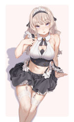 Rule 34 | 1girl, bare arms, bare shoulders, black skirt, breasts, cleavage, cleavage cutout, clothing cutout, collared shirt, crop top, fangxiang cuoluan, fishnet thighhighs, fishnets, frills, garter straps, highres, large breasts, long hair, looking at viewer, looking up, maid, maid headdress, midriff, miniskirt, navel, neck ribbon, original, parted lips, purple eyes, revealing clothes, ribbon, shirt, silver hair, sitting, skindentation, skirt, sleeveless, sleeveless shirt, solo, stomach, strap slip, sweat, thighhighs, underbust, white background, white shirt, white thighhighs, zettai ryouiki