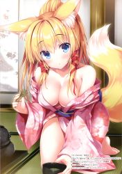 Rule 34 | 1girl, absurdres, animal ear fluff, animal ears, bare shoulders, barefoot, blonde hair, blue eyes, blush, breasts, cleavage, collarbone, fingernails, floral print, fox ears, fox girl, fox tail, highres, indoors, japanese clothes, kimono, kneeling, kotone (tateha), long hair, looking at viewer, medium breasts, original, scan, shiny skin, solo, tail, tatami, tateha (marvelous grace), thighs, toes