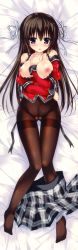 Rule 34 | 1girl, absurdres, arm between breasts, bed, bed sheet, between breasts, black bra, black pantyhose, blush, bra, bra pull, breasts, brown hair, cameltoe, cleft of venus, clothes pull, crotch seam, dakimakura (medium), from above, full body, highres, huge filesize, knees together feet apart, koiiro marriage, looking at viewer, lying, morikawa mihono, nipples, no bra, no panties, off shoulder, on back, on bed, pantyhose, purple eyes, sasorigatame, shirt pull, skirt, skirt around one leg, skirt pull, solo, thighband pantyhose, underwear