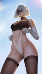 Rule 34 | 1girl, absurdres, adapted costume, adjusting clothes, adjusting panties, black legwear, black tank top, blindfold, blue sky, breasts, day, elbow gloves, frontal wedgie, gloves, highres, large breasts, lips, mole, mole under mouth, nier (series), nier:automata, panties, parted lips, partially visible vulva, pulling own clothes, sky, tank top, thighs, underwear, wedgie, white gloves, white hair, wuhanjiuyishi, 2b (nier:automata)