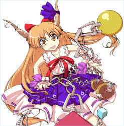 Rule 34 | 1girl, bow, chain, eyebrows, female focus, gourd, hair bow, horns, ibuki suika, long hair, looking at viewer, open mouth, orange eyes, orange hair, red bow, ribbon-trimmed skirt, ribbon trim, simple background, skirt, sleeveless, solo, teeth, touhou, very long hair, white background, wrist cuffs