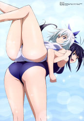 Rule 34 | 10s, 2girls, absurdres, ass, ass-to-ass, back-to-back, blue hair, blue one-piece swimsuit, competition swimsuit, hair between eyes, highres, kaminashi nozomi, katou hatsue, keijo!!!!!!!!, kneepits, legs, lifting person, locked arms, looking back, megami magazine, miyata sayaka, multiple girls, non-web source, official art, one-piece swimsuit, open mouth, swimsuit, white hair, white one-piece swimsuit