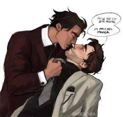 Rule 34 | 2boys, alternate costume, beard stubble, beige suit, brown hair, brown suit, collared shirt, dark-skinned male, dark skin, english text, expressionless, eye contact, facial hair, formal, from side, highres, imminent kiss, kori (korigama2), looking at another, male focus, marvel, mature male, miguel o&#039;hara, multiple boys, mustache stubble, necktie, necktie grab, neckwear grab, peter b parker, shirt, short hair, smirk, spider-man: across the spider-verse, spider-man (series), spider-verse, stubble, suit, thick eyebrows, unamused, unfinished, upper body, yaoi