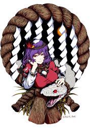 Rule 34 | 1girl, absurdres, breasts, closed mouth, hair ornament, half-closed eyes, highres, large breasts, leaf hair ornament, mirror, puffy short sleeves, puffy sleeves, purple hair, red eyes, rope, shide, shimenawa, shiratama (irodoli), short sleeves, simple background, smile, snake, solo, touhou, twitter username, upper body, white background, white snake, yasaka kanako