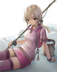 Rule 34 | 1girl, blonde hair, braid, brown eyes, bucket, bucket of water, earrings, fishing rod, human (lineage 2), jewelry, kanzeon, lineage, lineage 2, long hair, necklace, pencil skirt, sitting, skirt, solo, thighhighs, zettai ryouiki