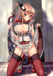 Rule 34 | 10s, 1girl, anchor, armadillo-tokage, bad id, bad pixiv id, bare arms, belt, belt buckle, blue eyes, blush, breasts, brown hair, buckle, buttons, cleavage, clothes lift, dress, dress lift, drum magazine, fingernails, floor, funnel, garter straps, gluteal fold, high heels, highres, holster, kantai collection, kneeling, large breasts, lens flare, lifted by self, long hair, looking at viewer, magazine (weapon), neckerchief, nervous, on floor, one side up, parted lips, partially unbuttoned, pleated dress, ponytail, red belt, red neckerchief, red thighhighs, rudder footwear, saratoga (kancolle), saratoga mk ii (kancolle), scarf, shadow, sharp fingernails, short sleeves, side ponytail, skirt, skirt lift, smile, solo, star (symbol), star print, striped clothes, striped dress, sweat, thigh holster, thighhighs, white dress