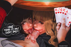 Rule 34 | 1boy, 2girls, ace (playing card), ace of hearts, artist name, black hair, blonde hair, card, commentary, cooperative fellatio, cum, english commentary, english text, facial, facing viewer, fellatio, ffm threesome, group sex, heart, heart-shaped pupils, hetero, jabami yumeko, jack (playing card), jack of hearts, kakegurui, king (playing card), king of hearts (playing card), licking, licking penis, lipstick, lipstick mark, lipstick mark on penis, lipstick mark on stomach, lipstick mark on penis, long hair, looking at viewer, makeup, multiple girls, nose, open fly, oral, paloma piquet, penis, photorealistic, playing card, poker, pov, pov crotch, queen (playing card), queen of hearts (playing card), realistic, red eyes, saotome mary, symbol-shaped pupils, thought bubble, threesome, tongue, tongue out, truth, uncensored, under table