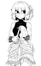 Rule 34 | 1girl, arm warmers, bare shoulders, closed mouth, cowboy shot, expressionless, formicid, greyscale, hair between eyes, half updo, highres, looking to the side, mizuhashi parsee, monochrome, pointy ears, shirt, short hair, simple background, sleeveless, sleeveless shirt, sleeveless turtleneck, solo, touhou, turtleneck, white background