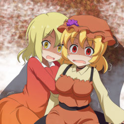 Rule 34 | 2girls, aki minoriko, aki shizuha, arm hug, autumn leaves, blonde hair, breasts, cato (monocatienus), commentary, d:, dress, flat chest, hat, medium breasts, mob cap, multiple girls, open mouth, red eyes, scared, shaded face, shadow, snow, tears, touhou, trembling, turn pale, yellow eyes