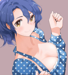 Rule 34 | 1girl, antenna hair, blouse, blue hair, breasts, brown background, cleavage, clothes pull, commentary request, dress pull, fed (giba), hair between eyes, halterneck, highres, idolmaster, idolmaster million live!, large breasts, looking at viewer, parted bangs, polka dot, polka dot shirt, scoop neck, shirt, short hair, smile, solo, toyokawa fuka, upper body, yellow eyes