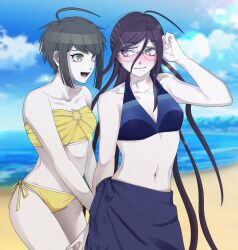 2girls ahoge beach bikini blue_bikini blue_sky blush closed_mouth collarbone danganronpa_(series) danganronpa_another_episode:_ultra_despair_girls eyelashes female_focus fukawa_toko green_eyes hair_between_eyes hanatsuduki highres long_hair looking_at_another multiple_girls naegi_komaru ocean open_mouth outdoors purple_eyes sand sky standing swimsuit tagme teeth water yellow_bikini yuri