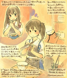 Rule 34 | 10s, 2girls, adapted costume, admiral (kancolle), akagi (kancolle), apron, artist self-insert, black legwear, blush, brown hair, colored pencil (medium), cooking, dated, japanese clothes, kaga (kancolle), kantai collection, kirisawa juuzou, knife, long hair, multiple girls, non-human admiral (kancolle), numbered, own hands together, peeling, personification, pleated skirt, short hair, side ponytail, skirt, tasuki, thighhighs, traditional media, translation request, twitter username, waist apron, zettai ryouiki