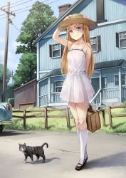 Rule 34 | 1girl, animal, arm behind back, arm up, bag, bare shoulders, black footwear, blonde hair, blue eyes, car, cat, collarbone, commentary request, day, dress, fence, freckles, hand on headwear, hat, highres, house, kneehighs, long hair, looking at viewer, motor vehicle, original, outdoors, power lines, shoes, sleeveless, sleeveless dress, smile, socks, solo, sun hat, sundress, tree, white dress, white socks, yokaze japan