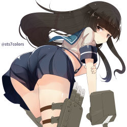 Rule 34 | 10s, 1girl, ass, bad id, bad pixiv id, black hair, blunt bangs, brown eyes, from behind, hatsuyuki (kancolle), kantai collection, leaning forward, long hair, looking at viewer, machinery, school uniform, serafuku, short sleeves, simple background, skirt, solo, sts, twitter username, very long hair, white background